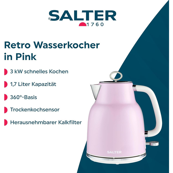 Електричний чайник Salter Retro 1.7L, 3kW, рожевий, знятний фільтр від накипу, бездротовий, з індикатором рівня води та захистом від сухого кипіння, EK5737PNKVDE
