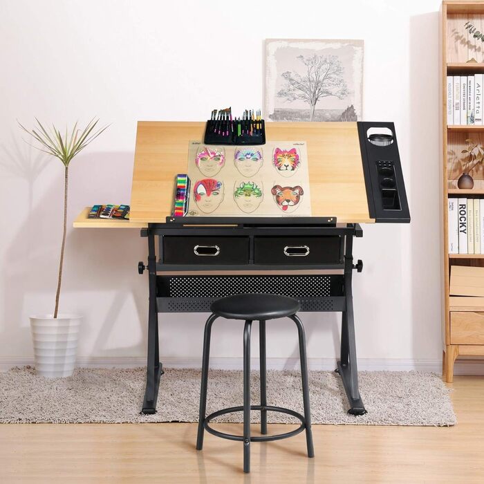 Yaheetech Adjustable Drafting Table with Stool and Drawers - Height Adjustable Desk for Architects, Technicians, and Students - Wood Finish