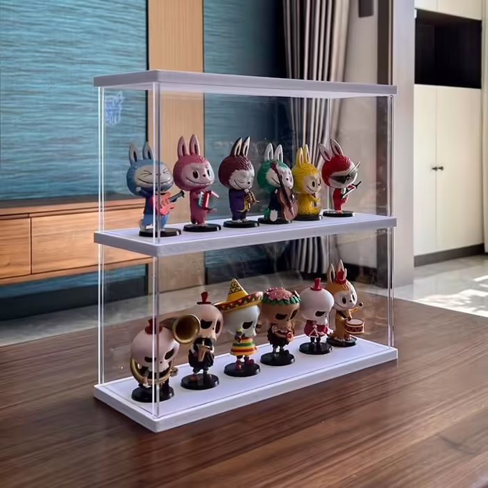 Joody Vitrine made of acrylic, Plexiglas boxes with 2 tiers, display case with door for Pop figures, minifigures, collectible toys, display storage organizer, dustproof with 2 shelves (Extended) – Original wood color (Two-layer, White)