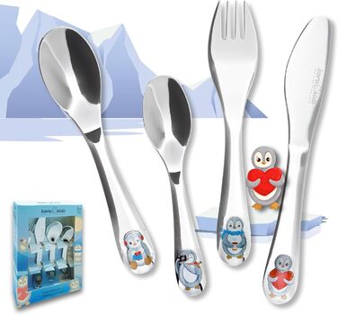 Набір дитячого столового прибору Koru Kids® Kinderbesteck Pinguin (4 шт.) з нержавіючої сталі – столовий прилад для навчання дітей, придатний для миття в посудомийній машині