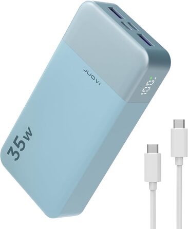 Powerbank JUOVI 20000mAh з LED дисплеєм: швидка зарядка 35W, 2 USB-C, 2 USB-A, PD 3.0, QC 4.0, синій