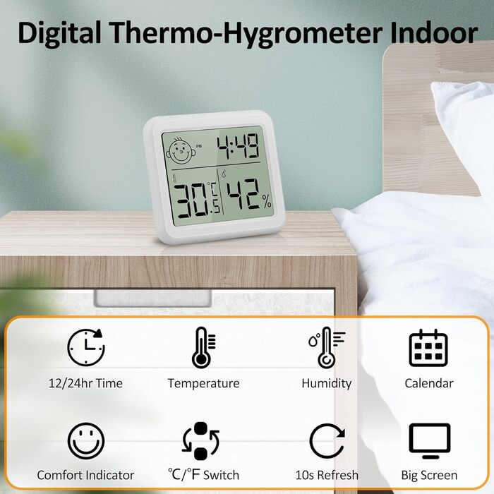 DazSpirit Digital Thermometer Hygrometer, Indoor Room Thermometer Thermo-Hygrometer, Humidity Meter with Smiley Indicator Suitable for Bedrooms, Baby Rooms, Greenhouses, Offices (2 Pieces White)