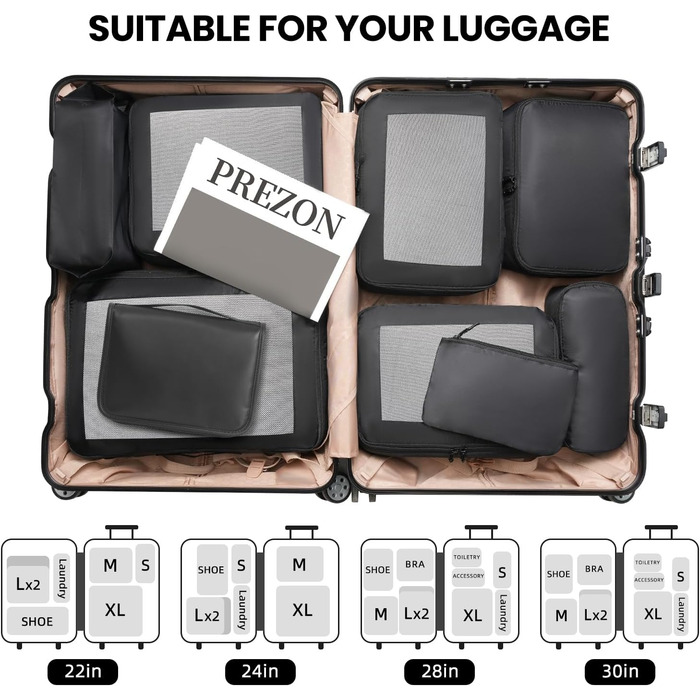Органайзери для валізи Prezon - набір 8 шт., легкі, чорні