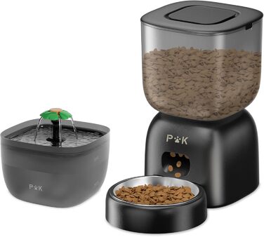 Автоматичний годівниця та фонтанчик для котів PUPPY KITTY, 180 днів роботи від батареї, легке очищення, голосове сповіщення, 3л годівниця та 2л фонтанчик, чорний