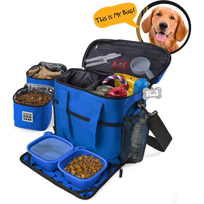 Чорна сумка для подорожей з собаками Overland Chiens Gear для великих собак, 2 контейнери для їжі, 2 складані миски (Королівський синій)