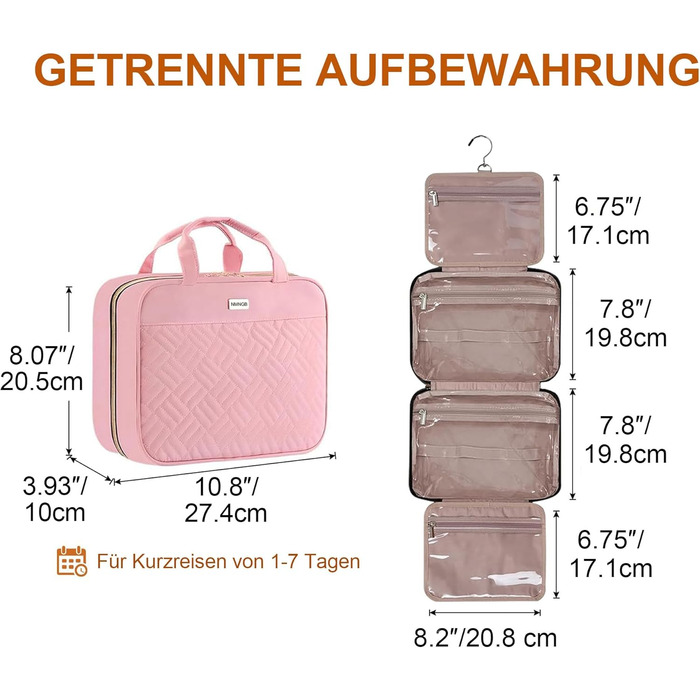 Косметичка для жінок, дорожня косметичка з можливістю підвішування, прозора косметичка для макіяжу та туалетних аксесуарів, рожева