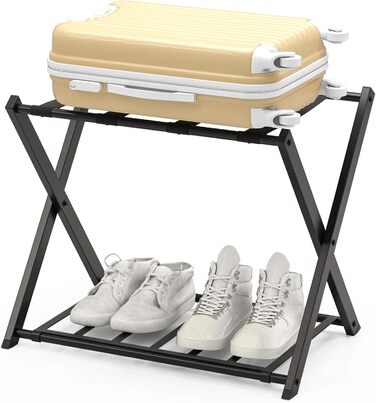 GIANTEX Folding Luggage Rack, 2-Tier, 68 x 43 x 58 cm Luggage Shelf, Baggage Rack, Metal, Space-Saving Luggage Stand for Bedroom, Guest Room, Hotel, Black (2 Pieces, Black) (1 Piece, Black)