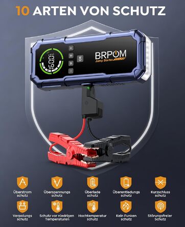 Пусковий пристрій BRPOM 9000A з компресором 160 PSI, бустер для бензинових та дизельних двигунів до 12.0L, павербанк з LED-ліхтарем 600 лм, фіолетовий