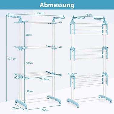 Сушарка для білизни COSTWAY 4-рівнева з колесами, розкладна, з 2 обертовими крилами, висувна, для дому та вулиці (світло-блакитна)