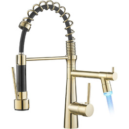 Змішувач кухонний LED Chrome з висувною лійкою, 360° поворот, 2 виходи, високий тиск (золотий)