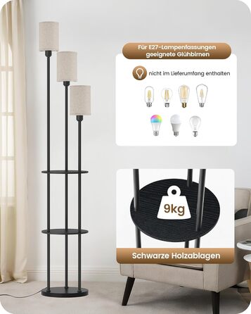 Стельова лампа для вітальні з поличкою, 3-хламкова лампа на ніжці з полицею Vintage, Бохо підлогова лампа з дерева з вимикачем на ніжці, патрон E27, ретро-дизайн, рустикальний коричнево-бежевий колір ZEF53LDD05 (Бежевий, Чорний)