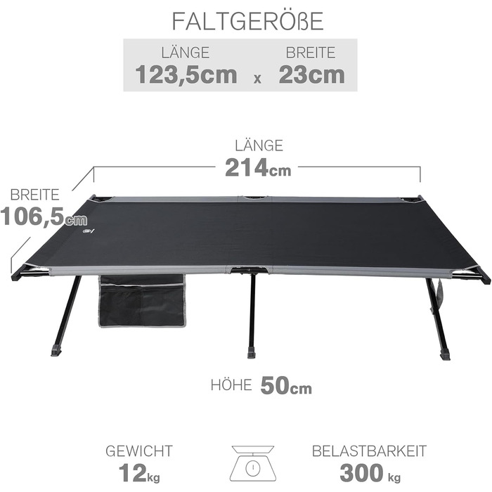 Розкладне ліжко EVER ADVANCED для кемпінгу та відпочинку: 214x106 см, 300 кг, чорне