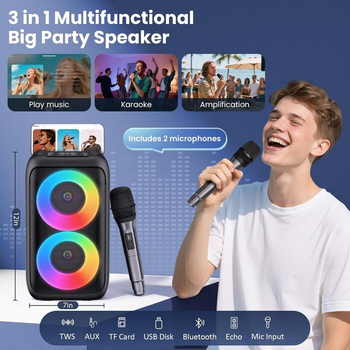 Караоке машина з 2 мікрофонами, портативна Bluetooth колонка з LED-підсвіткою, чорна