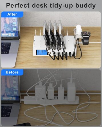 Зарядна станція 245W USB для 7 пристроїв з LCD-дисплеєм, кабелями та тримачем для iWatch, чорна - для iPhone, планшетів та іншої електроніки