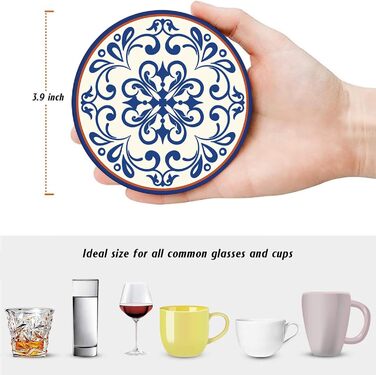 Drink Coasters 6-Piece Set, Geometric Tribal Boho Blue Red Absorbent Round Ceramic Stone Mat with Cork Bottom and Metal Holder, Housewarming Gift Bar Decor (Spanish Ceramic)