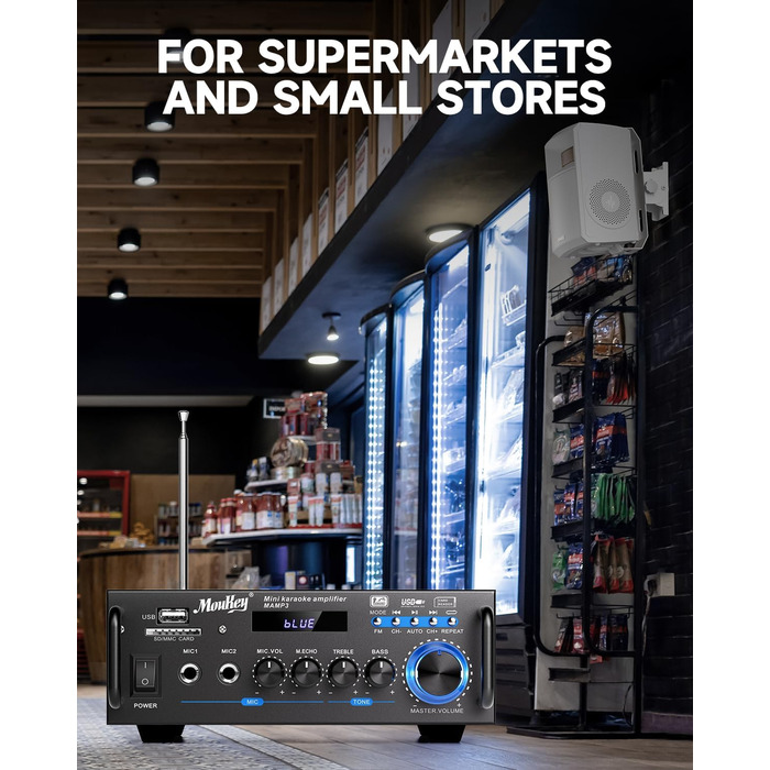 Стерео Bluetooth караоке підсилювач Moukey 2.0 каналів, 100Вт, Hi-Fi, RCA, USB, SD, 2 мікрофонні входи, FM-радіо для авто та дому