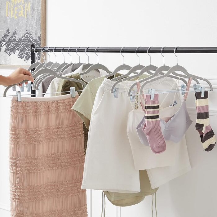 Вело Преміум плюшеві вішалки для одягу з металевими кліпсами, антиковзні та економні, з 1 магічною вішалкою та 2 тримачами для краваток, ідеальні для жінок та чоловіків, 20 шт. (20-PACK, Сірий)