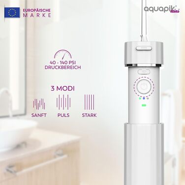 Портативна бездротова іригатор Aquapik® Mini | Іригатор для імплантів та брекетів | Бездротовий, водонепроникний IPX7, 1200 імпульсів/хв, 21 день роботи від акумулятора, 4 насадки (білий)