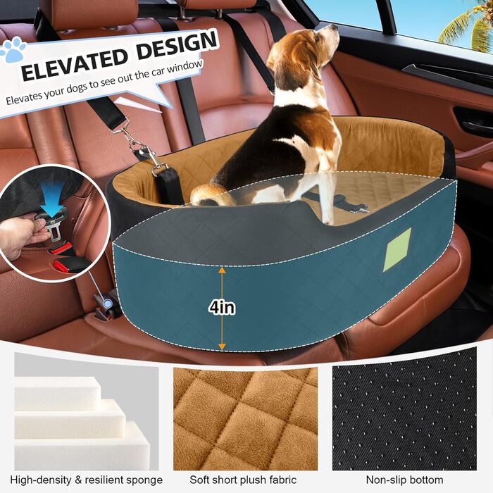 Dog Car Seat for Medium/Large Dogs (up to 25kg) or 2 Small Dogs - with Safety Leashes & Washable Cushion - Rear Seat Cover (Brown/Gray)