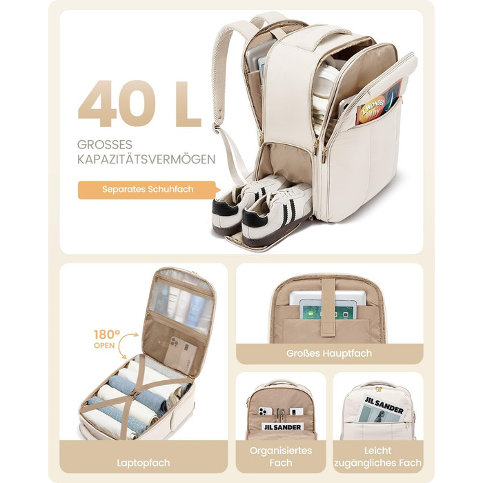 Рюкзак для ручної поклажі OVEVOOK для жінок, 40 л, для подорожей, з відділенням для взуття, для ноутбука 17 дюймів, водонепроникний, для бізнес-поїздок та вихідних (білий, L)