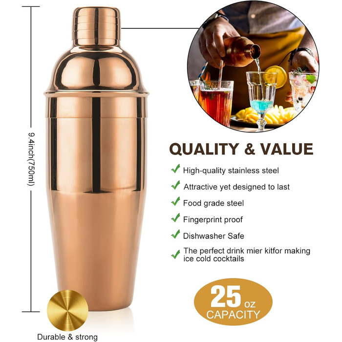 Набір шейкер для коктейлів KINGROW 29 предметів: барменський набір з обертовим стендом | Набір для приготування напоїв з аксесуарами для дому, бару, вечірки | Золотий