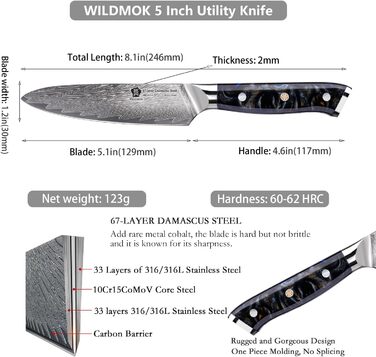 Кухонний ніж WILDMOK, 12 см, з японської сталі VG-10, з ергономічною ручкою з кольорового харчу, подарункова коробка