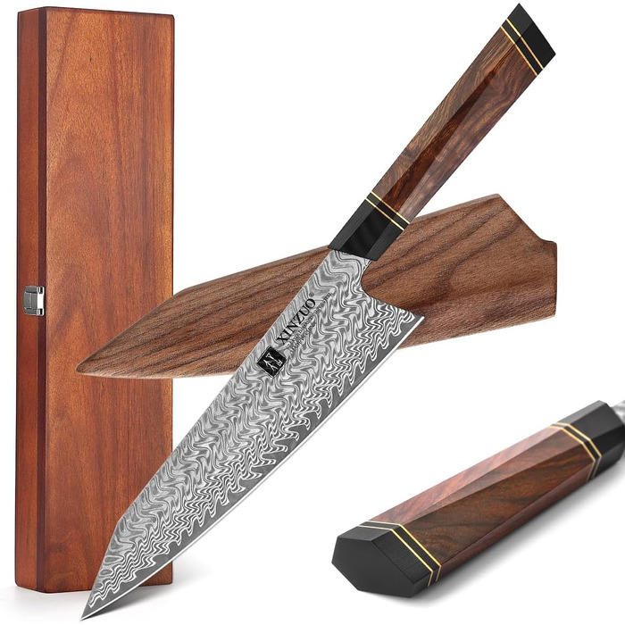 Японський ніж для кухні XINZUO Damaststahl 21.5 см, Kiritsuke, професійний, ручної роботи, з нержавіючої сталі Дамаск, дерев'яний потиск, магнітний чохол, подарункова коробка з акації