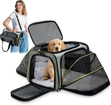 Транспортна сумка для котів та маленьких собак ALLSOPETS, розширювана, з підкладкою з флісу та кишенями (сірий & зелений)