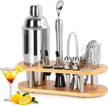 Набір для коктейлів FoiiLiio 12 шт. з шейкером 750 мл та аксесуарами для бару, нержавіюча сталь, з бамбуковим підставкою для дому, SHAKER-12P