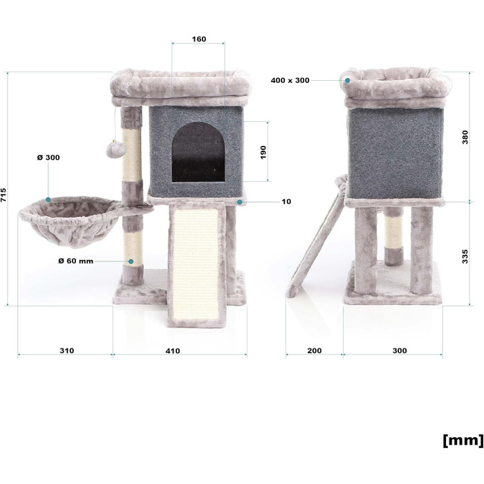 Котячий будиночок-крізьбаум Фудаджо сірого кольору, 71,5 см, з платформою для відпочинку, лежаком, дряпалкою та будиночком для котів