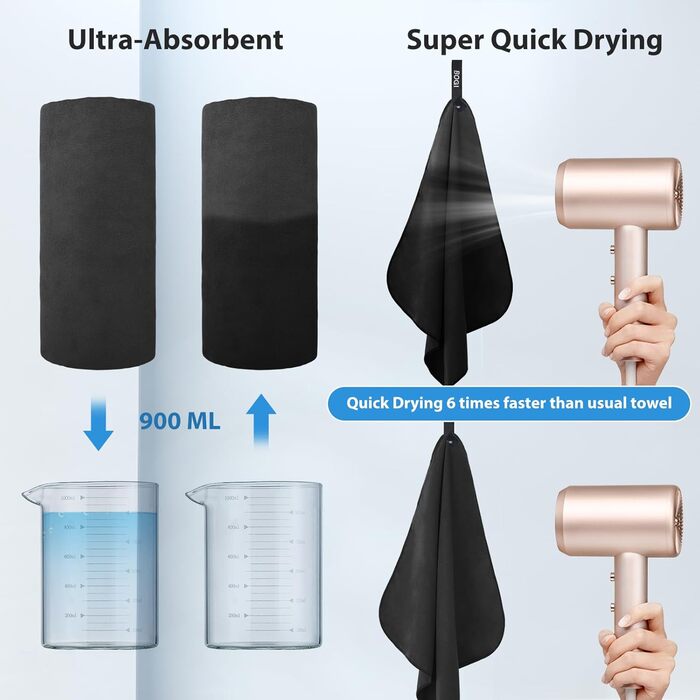 Рушник з мікрофібри BOGI, швидковисихаючий, м'який, легкий, для фітнесу, супер вбираючий, ультракомпактний (чорний, 81x182см + 40x40см)