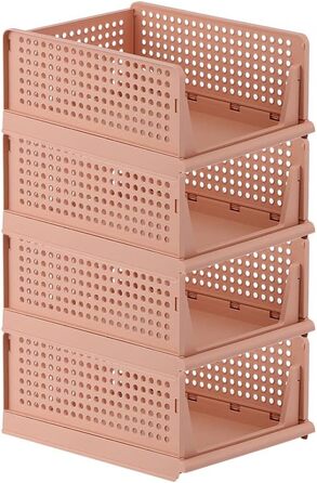 Ygapuzi 2 Pack Stackable Clothes Storage Baskets Organizer Sliding Cabinet Shelf Divider Separator Desktop Containers for Closet Wardrobe Kitchen Bathroom Office (White - 2Pack) (Pink - 4pack)