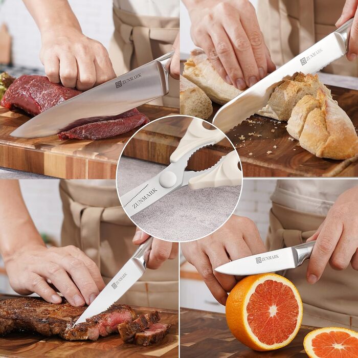 13-Piece Premium Stainless Steel Knife Block Set with Magnetic Storage - Ergonomic Handles, Kitchen Chef's Knife Set, Acacia Wood Block with Leather Strap