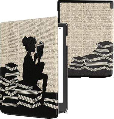 Чохол-книжка kwmobile для Pocketbook InkPad 4/Color 3/Color 2, Vivlio InkPad 4 - Чохол для eReader, Magnolien Taupe Weiß Blaugrau (жінка читає)