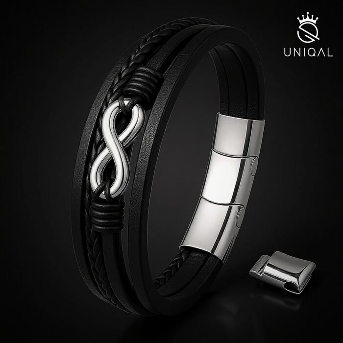 Браслет шкіряний UNIQAL 'ETERNAL' - нескінченність, срібний, 19 см, з магнітним застібкою, в подарунковій коробці