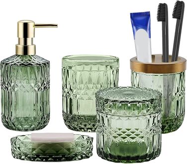 Bathroom Set, 5-Piece Glass Bathroom Accessory Sets including Lotion Dispenser, Soap Dish, Toothbrush Holder, Cup, Cotton Swabs, Modern Bathroom Decoration, Vintage Gift, Bathroom Decor Set (Green)