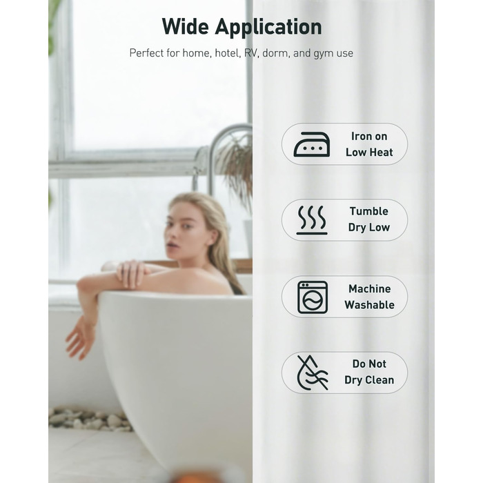 Шторка для душу Uniclife, біла, 180x180 см, тканинна, водонепроникна, з 12 гачками, з обтяженим краєм, для ванни