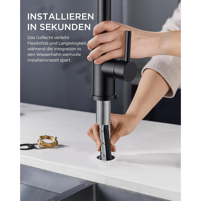 Змішувач для кухні FORIOUS висувний з душем, кухонний змішувач, L-подібний, 2 режими розпилення, поворотний 360°, матовий чорний