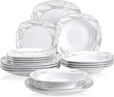 VEWEET Сервіз столовий 'Serena' з порцеляни, 24 частини | Комплект включає миски для каші, десертні тарілки, тарілки для їжі та супові тарілки | Сервіз для 6 осіб/ресторану/сім'ї (Білий, 18-частинний сервіз)