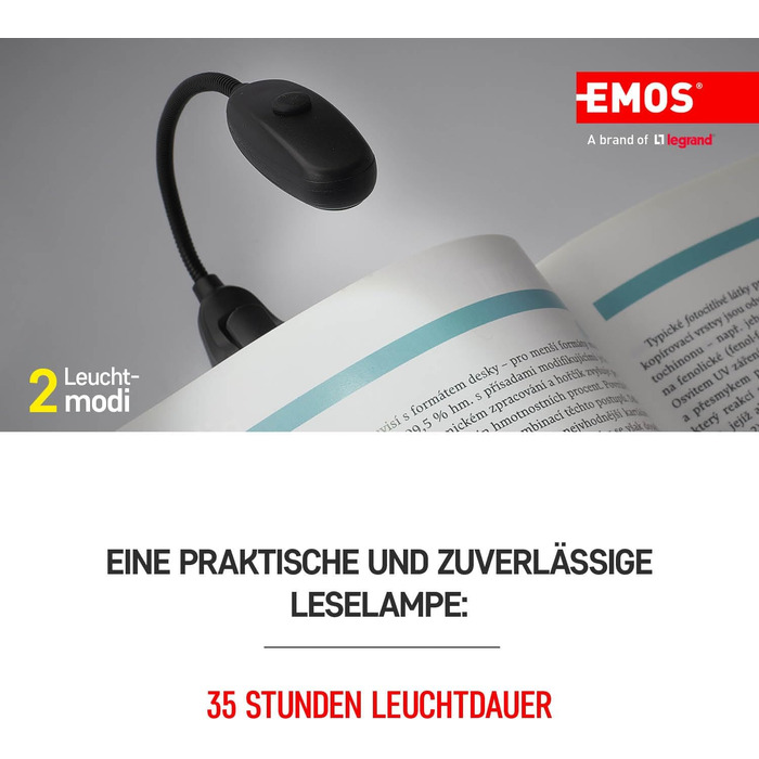 LED лампа EMOS для читання з кліпсою - 10 лм, до 7 м - 2 режими, 35 год, акумулятор (AAA), для внутрішнього та зовнішнього використання, чорна