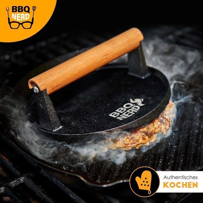 Пресс для м'яса з чавуну з дерев'яною ручкою, 18 см, круглий - Прес для бургерів, гриль-прес, вага для BBQ, м'яса, котлетів, бекону, сиру, сендвічів. Діаметр 18 см, чорний