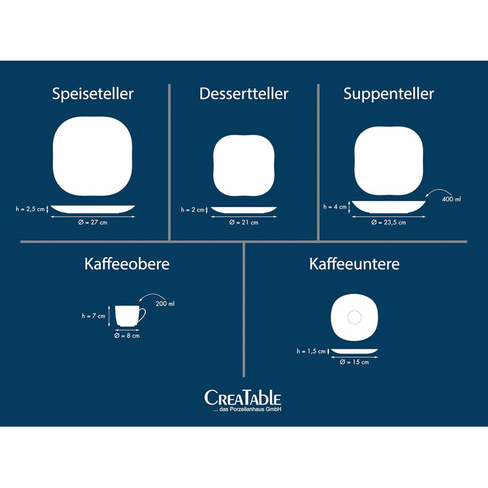 CreaTable Geschirrset Square City Line: 12-teilний сервіз для 6 осіб з порцеляни, сумісний з мийною машиною та мікрохвильовою піччю