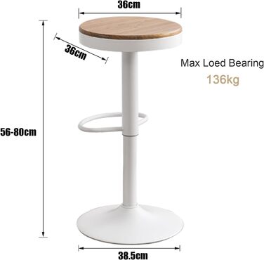 Kidol Adjustable Height Bar Stools 2-Pack - 360° Swivel, Round Wooden Seat on Metal Frame, for Kitchen/Bar/Living Room (White)