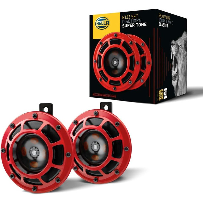 Електричний звуковий сигнал HELLA B133, 12В, 118дБ, 300/500Гц, низький/високий тон, комплект 2 шт., червоний/чорний, плоский роз'єм
