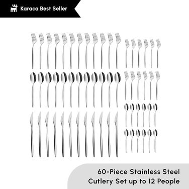 Karaca Lisbon Cutlery Set with Box Set, 60-Piece, for 12 People, 18/10 Stainless Steel Cutlery Set, Dishwasher Safe, Perfect for Everyday Use, Premium Quality