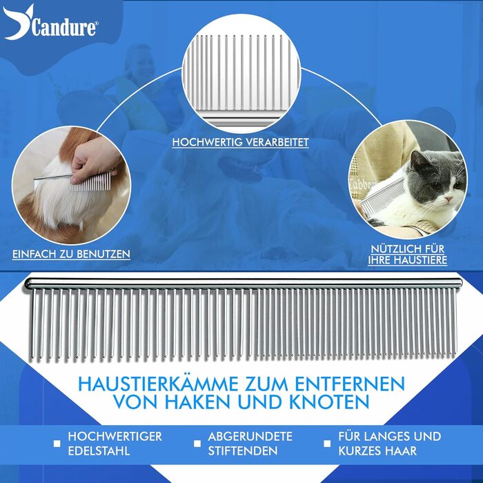 Професійна щітка для собак та котів Candure, довге волосся, догляд за шерстю, гребінець, двосторонні зубчики, 17+9, видаляє ковтуни, шерсть з меблів (Блакитна)