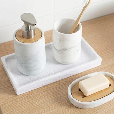 Набір для ванної кімнати 4 предмети з піддоном - дозатор для мила (цинковий сплав), стакан для зубних щіток, мильничка та поличка - мармуровий малюнок, бамбук - сучасний органайзер Marble