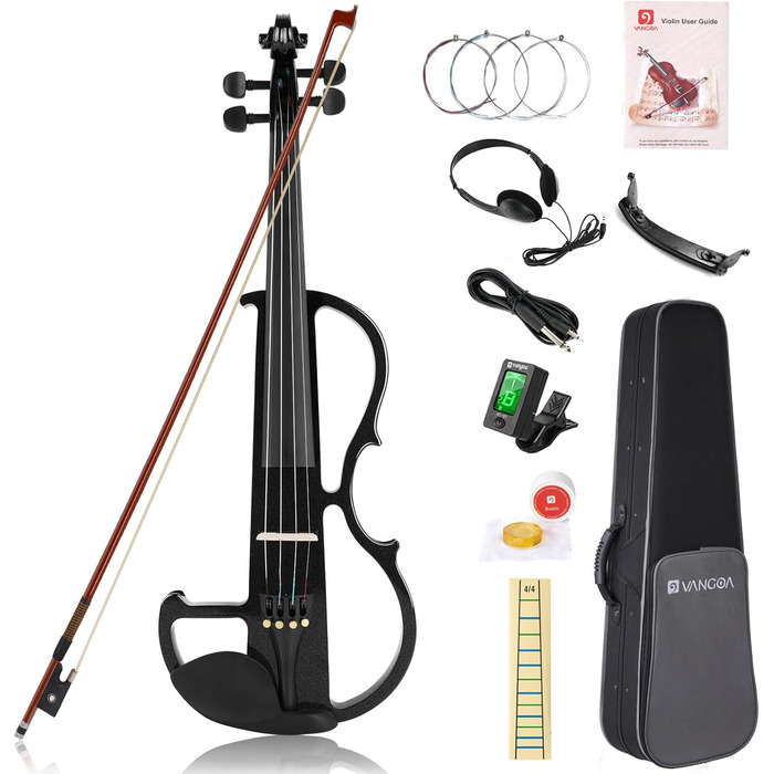 Електрична скрипка Vangoa 4/4 з цільного дерева, повного розміру, з усіма аксесуарами (колінь, чохол, кабель, підставка, смычок)