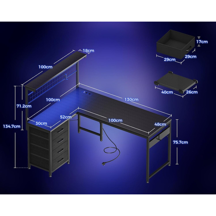 Ігровий стіл Coleshome з LED підсвічуванням, 130x100 см. Стіл з шухлядами та розетками, кутовий стіл з полицею та місцем для зберігання, 130x100 см (чорний, карбон)