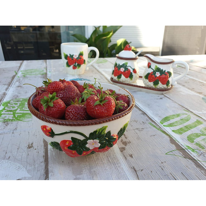 Dolomite sugar bowl with spoon, milk jug, and plate as a 3-piece set, with strawberry relief, size approx. 19 x 10.5 cm, 12
